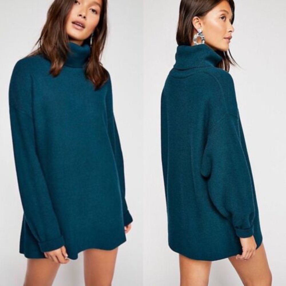 New Free People Deep Jade Softly Structured Oversize Tunic Turtleneck Sweater